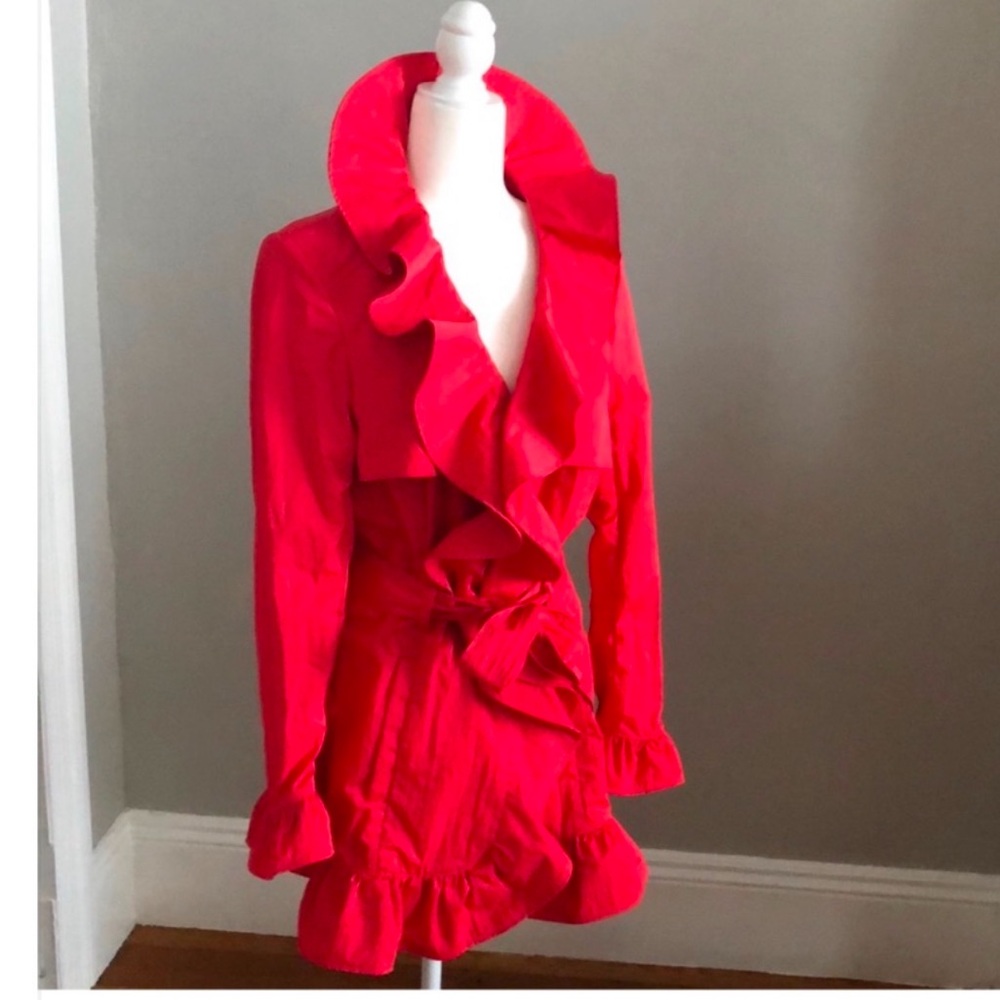 Etcetera Red Ruffle Trench Coat Medium Large